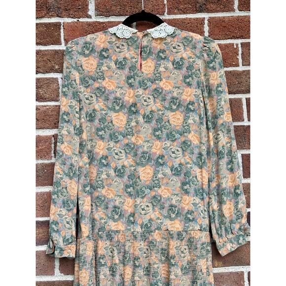 Vintage 1980s Taurus II Floral Print Dress Lace Collar Long Sleeve Drop Waist - Picture 9 of 15